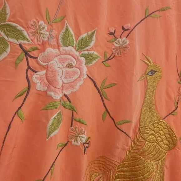 Vintage Peach Silk Kimono Robe with Peacock & Floral Embroidery - Picture 4 of 6